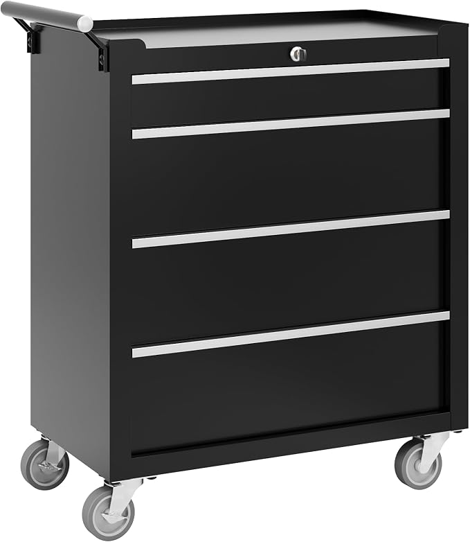 Garvee Rolling Tool Chest, 4 Drawers Tool Storage Cabinet, Toolbox with Wheels, Portable Tool Cabinet Organizer with Locking System & Drawer Liners, Tool Storage Cart for Garage, Workshop, Black