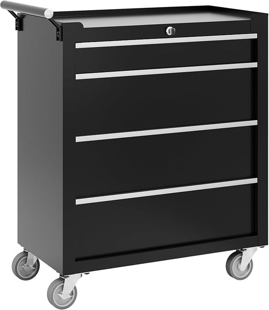 Garvee Rolling Tool Chest, 4 Drawers Tool Storage Cabinet, Toolbox with Wheels, Portable Tool Cabinet Organizer with Locking System & Drawer Liners, Tool Storage Cart for Garage, Workshop, Black