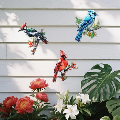 3 Pack Metal Birds Wall Art Garden Decor, Cardinal Outdoor Wall Art Yard Patio Fence Decoration, 3D Colorful Birds Wall Hanging Sculpture Gift for Garden Outside Livingroom