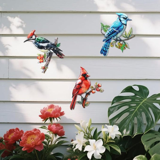 3 Pack Metal Birds Wall Art Garden Decor, Cardinal Outdoor Wall Art Yard Patio Fence Decoration, 3D Colorful Birds Wall Hanging Sculpture Gift for Garden Outside Livingroom