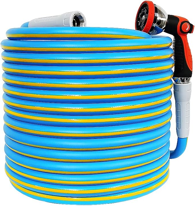 HQMPC Hose Garden Hose With 5/8 in. x 50 ft., Water Hose For Garden Lawn Watering Heavy Duty Durable Material Water Hose Solid Brass Fittings With Nozzle (BLUE)