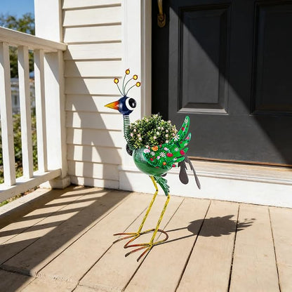 Planters for Outdoor Plants Green Peacock, Metal Planters Peacock Gifts for Women, 24.8Inch Unique Outdoor Planter Peacock Decor for Porch Garden Patio and Yard