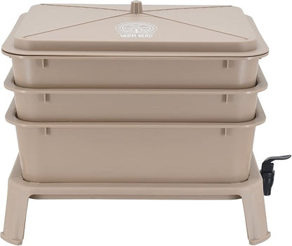 Worm Nerd WN53 4-Tray Worm Composting Bin Kit with Coco Coir Brick for Recycling Food Waste, Worm Castings, Worm Tea, Vermiculture and Vermicomposting, Tan