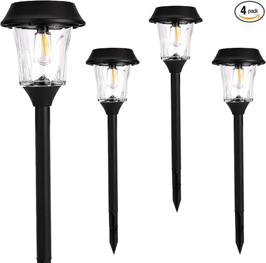 Solar Pathway Lights Outdoor 4 Pack, Stainless Steel & Glass Solar Garden Lights, Auto Dusk to Dawn IP65 Waterproof LED Path Lights for Yard, Lawn, Walkway, Driveway