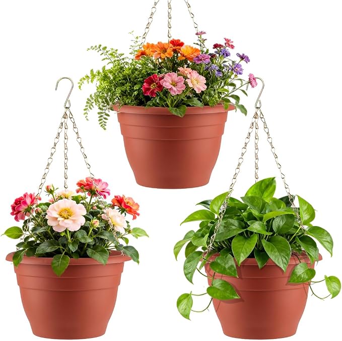 RooTrimmer Hanging Planters 11 Inch, 3 Pcs Flower Pots with Drainage Hole, Self Watering Hanging Basket for Indoor Outdoor Plants, Decor, Pottery Red