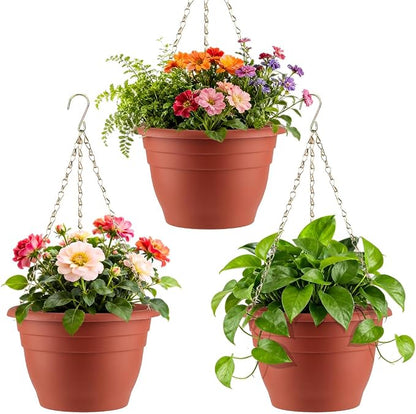 RooTrimmer Hanging Planters 11 Inch, 3 Pcs Flower Pots with Drainage Hole, Self Watering Hanging Basket for Indoor Outdoor Plants, Decor, Pottery Red