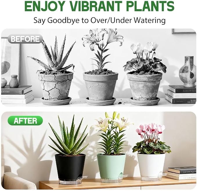 Self Watering Pots for Plants, 2026 New Flower Plant Pots with Drainage Holes, Wicking and Clear Reservoirs for Succulent, Aloe, Cacti and Others - 6 Pack (Colorful, 5")