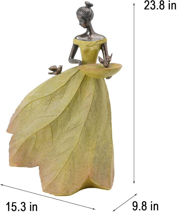 DiliComing Large Garden Fairy Statue Bird Feeder & Bird Bath - 23-Inch Resin Outdoor Yard Decor Angel Statue, Decorative Girl Sculpture for Garden, Lawn, Patio Yellow