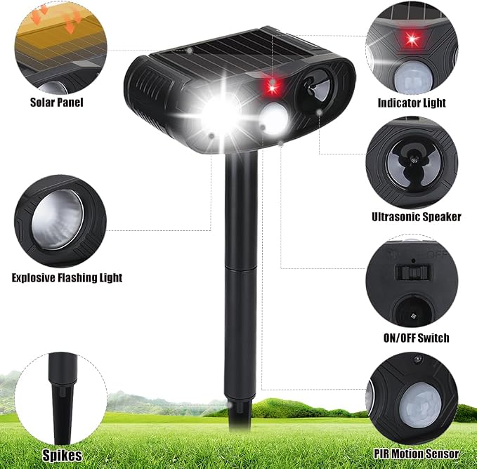 4Pack Sonic Fortress Pro Deer Repellent Devicess,Solar Animal Repeller | Ultrasonic Cat Repellent Outdoor with Motion Detection, Deer Repellent Devices with LED Flash Lights