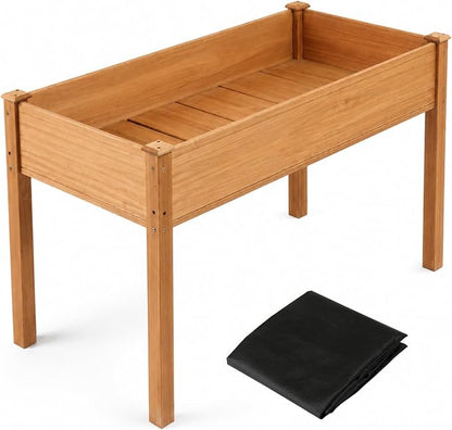 VINGLI 48"x24"x30" Elevated Raised Garden Bed with Bed Liner, Heavy Duty Wood Planter with Legs for Vegetables Fruits Potato Flower, Outdoor Sturdy Long Lasting Planter Box (Brown - no Wheel)