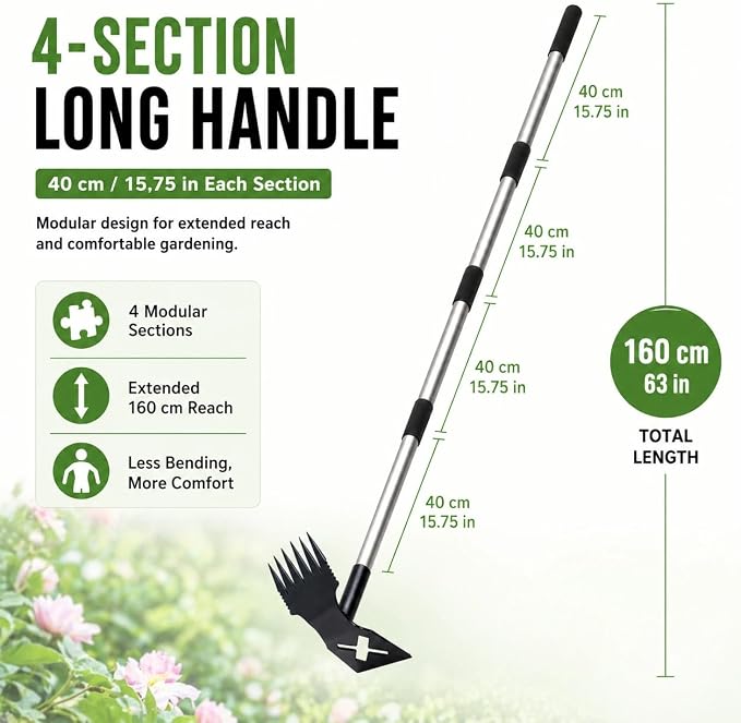 Weed Puller Tool with Long Handle, 60'' Adjustable Long Manual Weeder Remover Tool，2 in 1 Weed Rake and Gardening Weeder Tools for Yard, Lawn, Patio, Garden