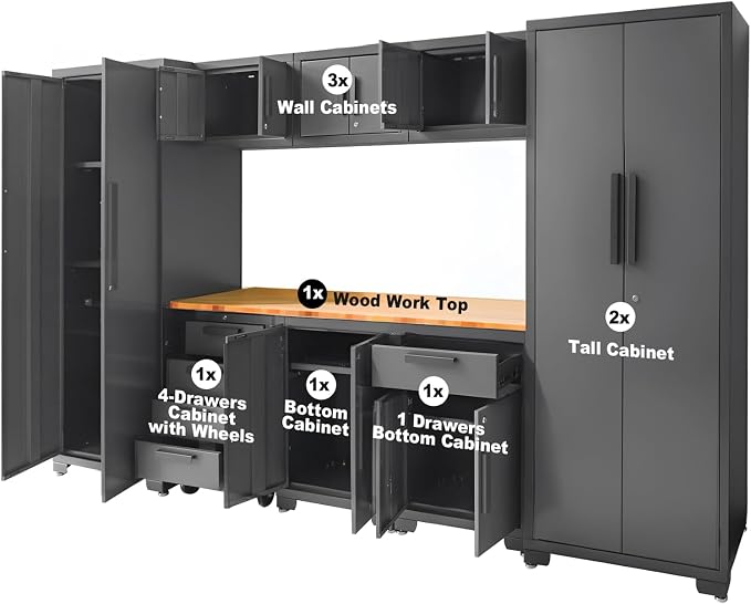Torin Garage Cabinets Storage System, 9-Pcs Workshop Cabinet Set in Black | Included Steel Drawers Rolling Chest,Locked Storage Cabinet, Perfect for Organizing Garage and Tools, Black/Grey