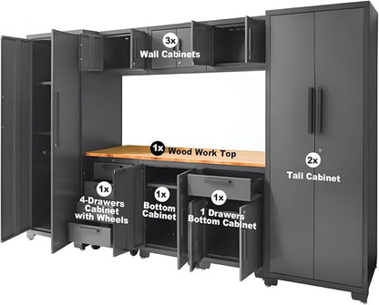 Torin Garage Cabinets Storage System, 9-Pcs Workshop Cabinet Set in Black | Included Steel Drawers Rolling Chest,Locked Storage Cabinet, Perfect for Organizing Garage and Tools, Black/Grey