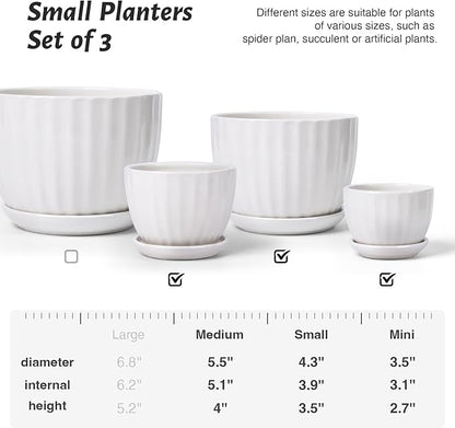 STHIE Ceramic Plant Pots with Drainage Holes and Saucers, Round White Flower Pots for Indoor Plant, Diameter 3.3/4.3/5.5 Inches Small Flower Planters Set of 3