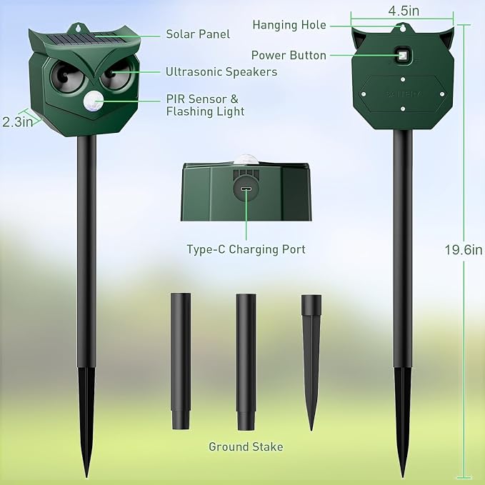 2Pack Solar Ultrasonic Animal Deterrent Outdoor, Motion Sensor Repeller with Flashing Lights, Waterproof Deterrent Device for Cats Squirrels Deer Raccoons Skunks - Garden Yard Farm Protection