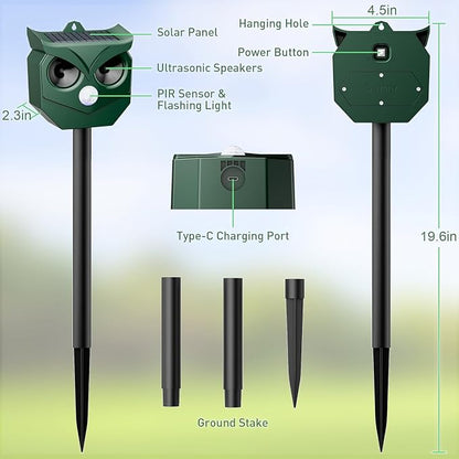 2Pack Solar Ultrasonic Animal Deterrent Outdoor, Motion Sensor Repeller with Flashing Lights, Waterproof Deterrent Device for Cats Squirrels Deer Raccoons Skunks - Garden Yard Farm Protection