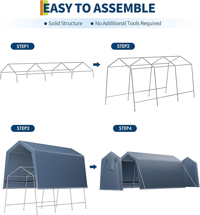 7x15 ft Outdoor Storage Shed, Portable Carport with Roll-up Ventilated Zipper Door and Windows, Heavy Duty Waterproof Tarp, Storage Sheds for Motorcycle, Bike, Firewood, Garden Tools