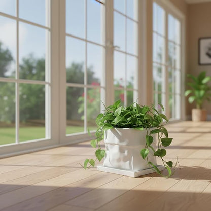 Nihow 8 Inch Ceramic Plant Pot with Drainage & Square Saucer,White | Bag Shape Design,Indoor & Outdoor,Living room/Office/Bedroom/Windowsill/Tabletop,Plant Lovers/Gardeners/Beginners