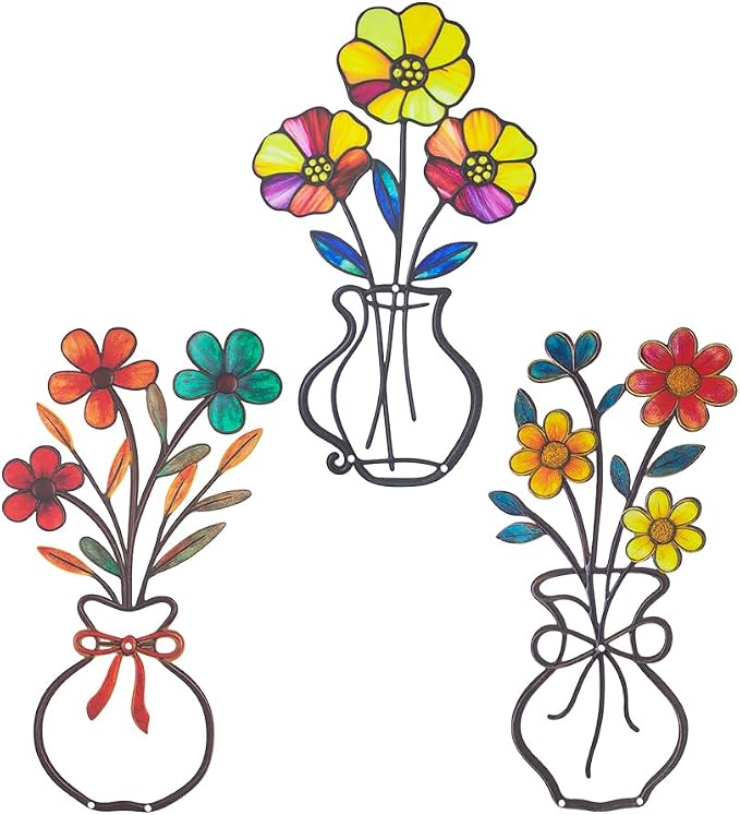 dreamskip 3 Pieces Metal Flowers Garden Wall Arts, Rustic Farmhouse Wall Decor, Minimalist Bathroom Hanging Sculptures for Living Room Bedroom Dining Room Housewarming Gifts