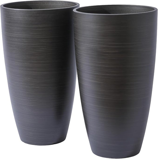 Tall Round Planter 2Pack-11.8"W*21"H Dark Wooden Grain Finish Flower Pots Indoor Decorative Container Garden Patio Outdoor Indoor Plants Unbreakable Resin With Drainage Hole&Movable Insert Shelf