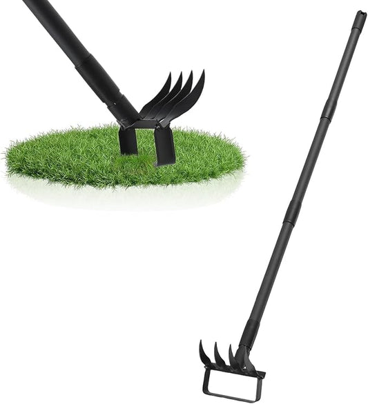 Weed Puller with 62.6” Adjustable Long Handle, Heavy Duty Stirrup Hoe, 4 Tines 2 in 1 Garden Cultivator for Weeding and Soil Loosening, Black