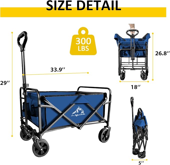 Garden Cart Folding Wagon with Small Wheel, Collapsible Outdoor Wagon Cart Heavy Duty with Universal Wheels & Adjustable Handle, Utility Grocery Wagon for Camping Shopping, Sports - Navy Blue