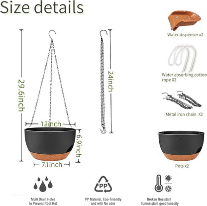 12 Inch Self Watering Hanging Planters 2 Pack, Black Brown | Plastic planters with drainage holes and saucers. Suitable for indoor, outdoor, kitchen, balcony and garden plant decor.
