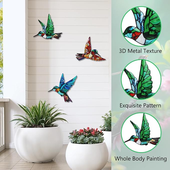 VEWOSTAR 3 Pcs Metal Hummingbird Wall Art, 3D Colorful Birds Outdoor Fence Wall Art Decor, Holiday Theme Garden Decor,Metal Bird Wall Decor for Modern Farmhouse Rustic Home