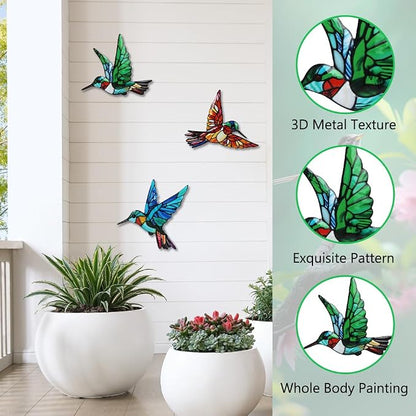 VEWOSTAR 3 Pcs Metal Hummingbird Wall Art, 3D Colorful Birds Outdoor Fence Wall Art Decor, Holiday Theme Garden Decor,Metal Bird Wall Decor for Modern Farmhouse Rustic Home