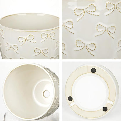 Hollyone 6 Inch White Ceramic Planter Flower Plant Pot with Drainage Hole and Saucer for Plants Embossed Indoor Outdoor Garden Embossed Ceramic Glazed Round Pot for Succulent Orchid Bow Pattern