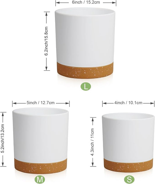 WSMKSZ 3 Pack 6/5/4 inch Cylindrical Flower Pots, Modern Small Round Plastic Plant Pots with Drainage Holes & Saucers, Clean and Refined Planter Pots for Outdoor, Indoor & Office Decor (White Brown)