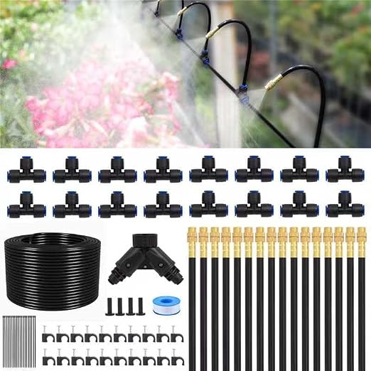 Drip Irrigation System Kit with 16 Pcs Adjustable Brass Nozzles & Bendable Spay Arm,120ft Garden Watering Misting System for Outdoor Raised Bed, Potted Plant, Yard, Greenhouse