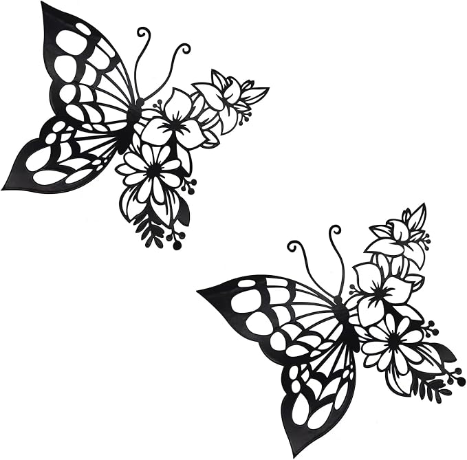 EZ4ENCE 2pcs Butterfly Decoration Boho Wall Art Hanging Appearance Metal Hanging Butterfly Decor Flower Wall Art for Bedroom Living Room Home, Black (Medium)