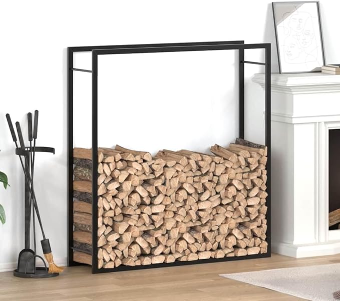 vidaXL Firewood Rack, Fire Log Stand Stacker Holder for Fireplace, Outdoor Indoor Metal Wood Pile Storage Organizer, Matt Black Steel