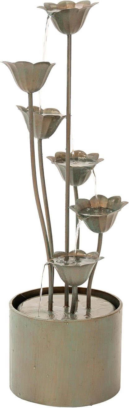 XBrand 35" Tall Silver Metal Sculptural Flower Multi-Tier Freestanding Water Fountain for Indoor & Outdoor Use, Decorative Garden Patio Backyard Water Feature