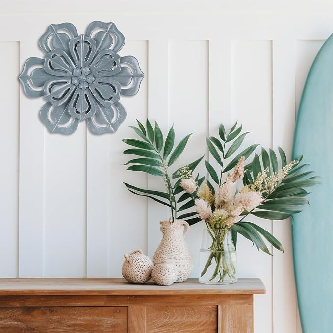 hogardeck Metal Flower Farmhouse Wall Decor, 16" Large Floral Metal Blue Wall Art for Indoor Outdoor, Boho Wall Decor for Bathroom, Living Room, Kitchen, Bedroom, Porch, Garden, Yard