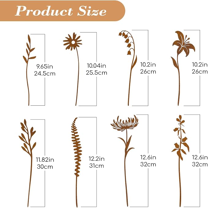 8-Piece Wildflower Metal Flower Garden Stakes | Flower Bed Accent, Pot and Patio Display, Rustic Metal Finish, Yard Art Style