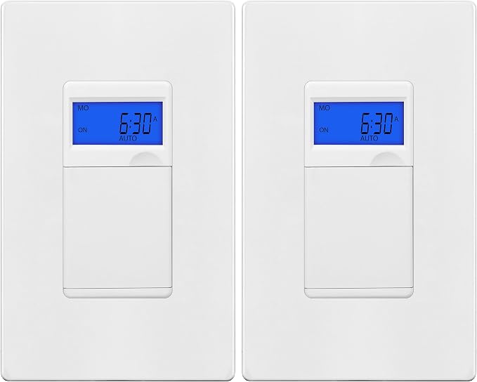 TG 7 Days Digital in-Wall Programmable Timer Switch for Lights, Fans, and Motors, Single Pole, Neutral Wire Required, 18 ON/Off Timer Settings, with Blue Backlight, White, 2 Pack