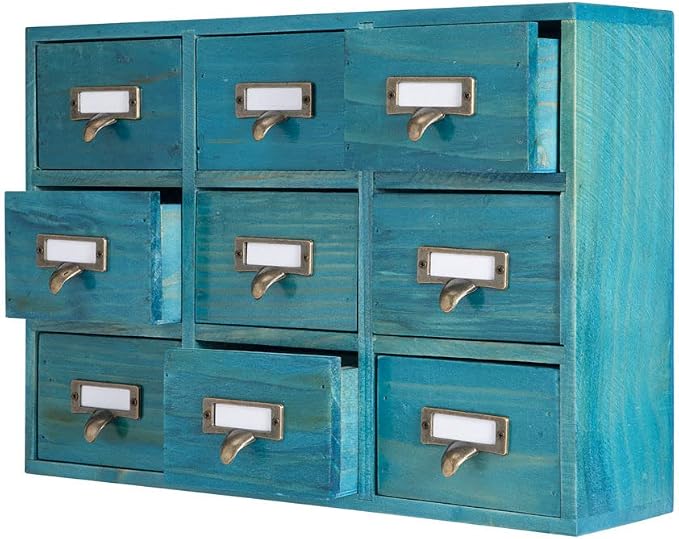 Apothecary Drawers Apothecary Cabinet with Drawers, Blue | 9 Drawer Library Card Catalog, Wooden Storage Box, Wooden Desktop Organizer with Metal Handles-Fulled Assembled