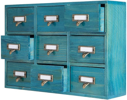 Apothecary Drawers Apothecary Cabinet with Drawers, Blue | 9 Drawer Library Card Catalog, Wooden Storage Box, Wooden Desktop Organizer with Metal Handles-Fulled Assembled
