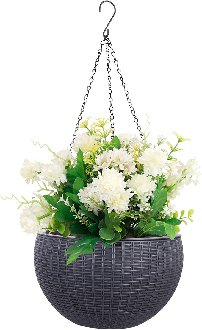 Vencer 11 Inch Round Resin Rattan Hanging Planters,Grey,VF-A15-G | Self Watering,Drain Hole,Metal Chain,Water Indicator,Indoor Outdoor