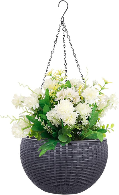 Vencer 11 Inch Round Resin Rattan Hanging Planters,Grey,VF-A15-G | Self Watering,Drain Hole,Metal Chain,Water Indicator,Indoor Outdoor