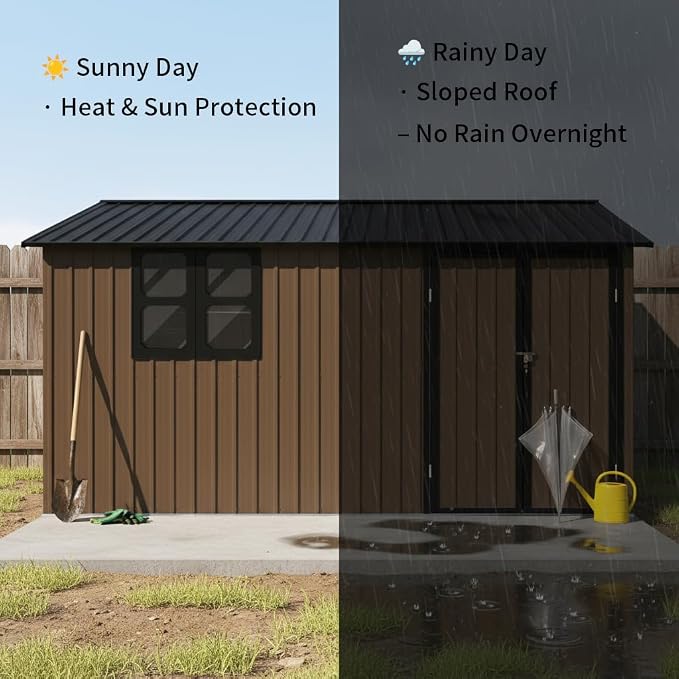 KEIKI 12x10 Ft Metal Outdoor Storage Shed Garden with Window, Foldable Worktable & Shelves, Lockable Door, Waterproof Apex Roof Heavy Duty Tool House for Backyard Garden Lawn, Brown