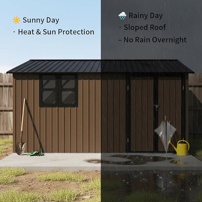 KEIKI 12x10 Ft Metal Outdoor Storage Shed Garden with Window, Foldable Worktable & Shelves, Lockable Door, Waterproof Apex Roof Heavy Duty Tool House for Backyard Garden Lawn, Brown