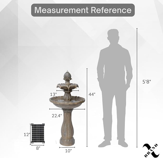 XBrand 44" Solar Powered Outdoor 2-Tier Cascading Water Fountain, Fiberglass Resin Garden & Patio Solar Fountain, Beige
