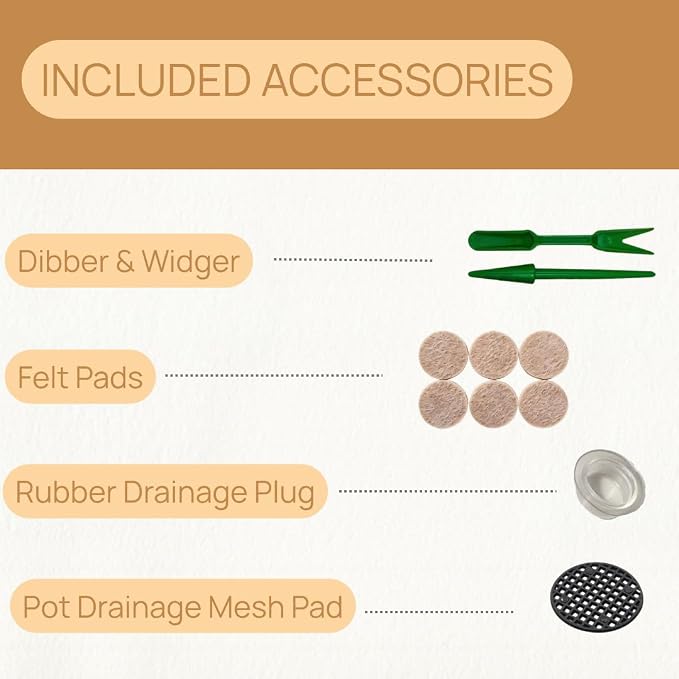 6 Inch Ceramic Plant Pot with Drainage Hole & Tray – Indoor Planter for Succulents, Herbs & Houseplants – Modern Ceramic Planter with Mesh Pad, Dibber & Widger – Buttercream