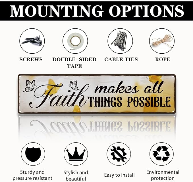 Garden Metal Tin Sign, Vintage Farmhouse Decor, Faith Makes All Things Possible, Butterfly Wall Decor for Yard Fence Porch, Inspirational Indoor Outdoor Garden Decoration, 15.7 x 3.9 Inches