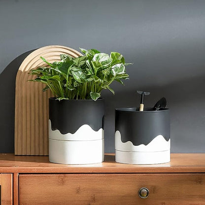 Nihow Ceramic Self Watering Plant Pot for Indoor Plants,6 Inch,Black White | Planter with Cotton Wick, Drainage Hole & Water Storage Plus, Cylinder Round Flower Pot, For Succulent/Herbs/Violets
