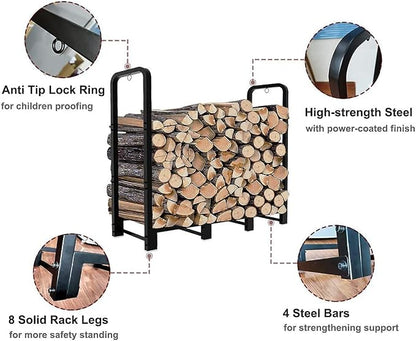 Firewood Rack Stand 4ft Heavy Duty Logs Holder for Outdoor Indoor Fireplace Metal Wood Pile Storage Stacker Organizer, Matte Black