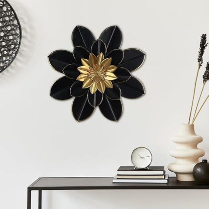 hogardeck Metal Flower Wall Decor, 16" Black & Gold Floral Metal Wall Art for Indoor Outdoor, Boho Modern Wall Decor for Bathroom, Living Room, Kitchen, Bedroom, Porch, Garden, Yard